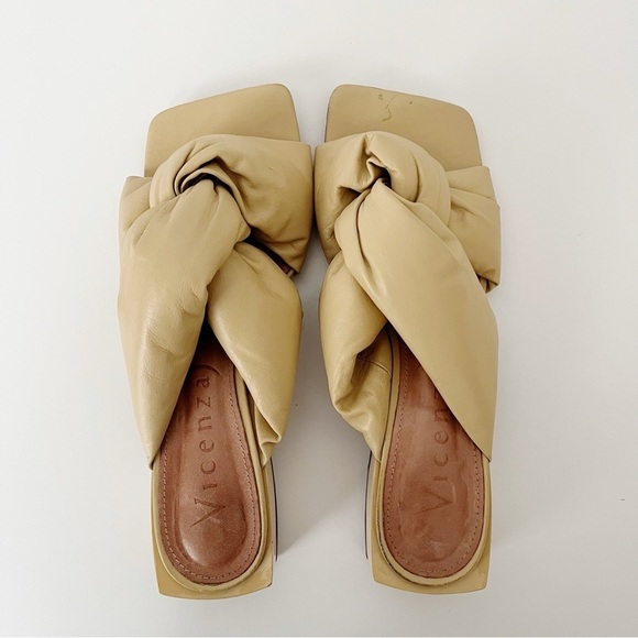 Vicenza Free People Mules Sz 7 Nude Twist Puffy Square Toe Leather Heels Sandals - Picture 6 of 8